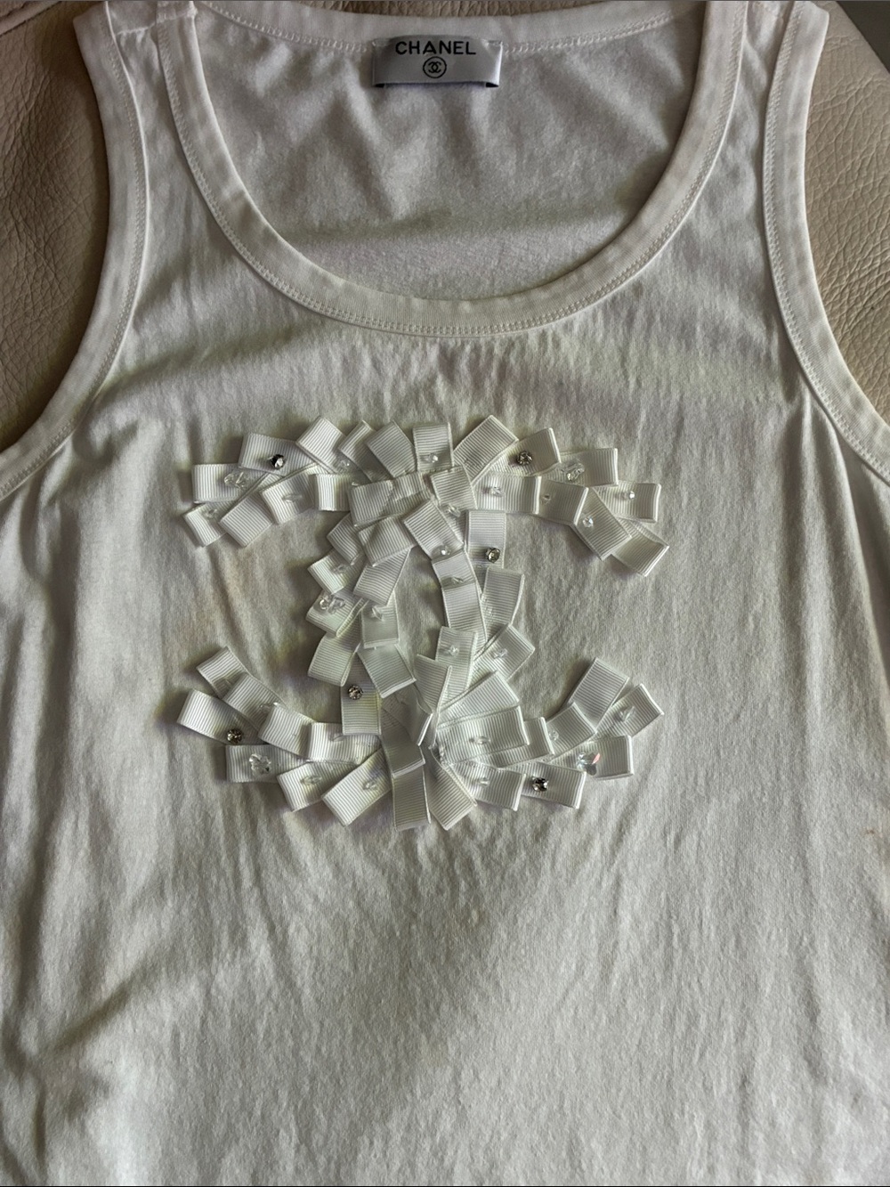 CHANEL White Ribbon-Embellished CC Logo Tank